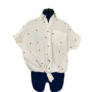 Madewell White Strawberry Embroidered Knot Button Up